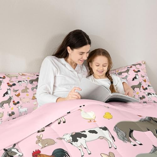 Feelyou Pink Farm Animal Comforter Set Toddler Size Cute Animal Bedding Set for Kids Boys Girls Farm Theme Duvet Quilt Cartoon Bedroom Decor 2 Pcs with 1 Pillow Cases