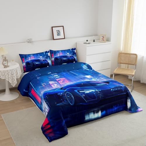 Feelyou City Racing Car Bedding Set Toddle Size Blue Sport Car Comforter Set for Adult Kids Boys Teens Fast and Furious Duvet Set Luxury Car Quilt Set 2Pcs