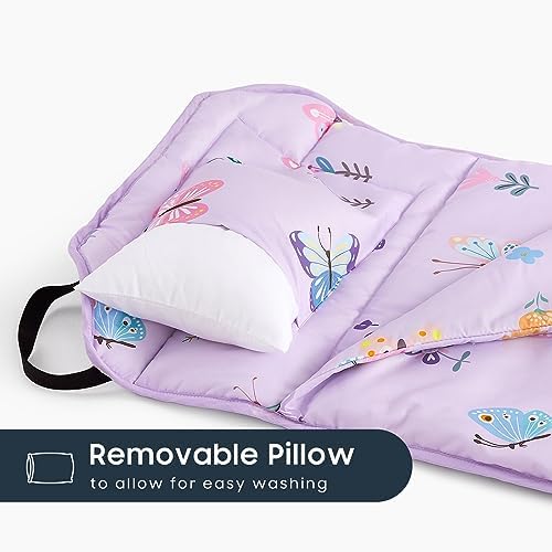 Wake In Cloud - Cot Nap Mat with Pillow and Blanket, for Toddler Kids Girls in Daycare Kindergarten Preschool Pre K with Elastic Corner Straps, Cute Butterfly Flowers, Purple