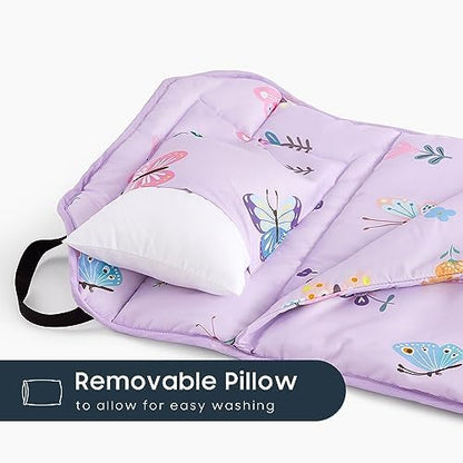 Wake In Cloud - Cot Nap Mat with Pillow and Blanket, for Toddler Kids Girls in Daycare Kindergarten Preschool Pre K with Elastic Corner Straps, Cute Butterfly Flowers, Purple