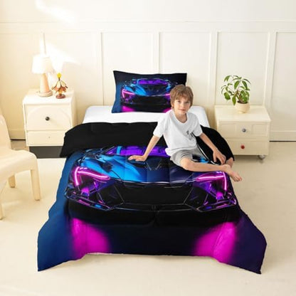 Feelyou Boys Race Car Comforter Set Toddler Size Speed Sports Car Bedding Set for Kids Boys Girls Extreme Sports Duvet Quilt Automobile Bedroom Decor Microfiber 2 Pcs with 1 Pillow Cases