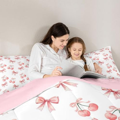 jejeloiu Watercolor Bow Kids Comforter Set King Size Lovely Pink Cherry Bedding Set Dreamy Princess Style Duvet Quilt for Kids Boys Girls Bedroom Decor Microfiber Ultra Soft Breathable