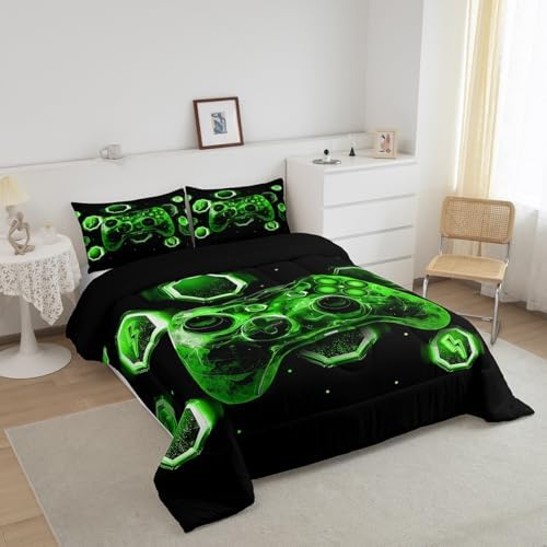 Feelyou Kids Green Gamer Bedding Set Toddler Size, Game Console Comforter Set Boys Girls Space Universe Gaming Comforter Gamepad Teens Duvet Set Bedroom Decor with 1 Pillow Case