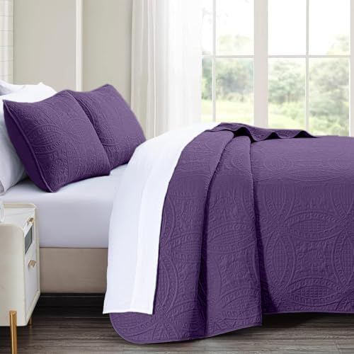 akkialla 118"x106" Purple California King Quilt Set, Oversized Floor-Length Bedspread, Modern Coin Pattern Microfiber Coverlet, 3-Piece All Season Bedding with 2 Pillow Shams