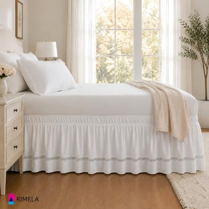 Ruffled Lace Bed Skirt King 15" Drop, Elastic Wrap Around Bedskirt