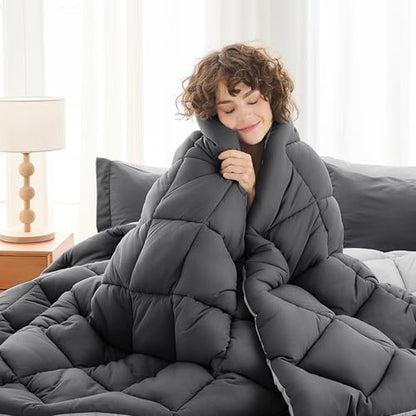MUXHOMO 7 Pieces Oversized King Comforter Set, Reversible Bed in a Bag Oversized King Size, All Season Bedding Set with Comforter, Flat Sheet, Fitted Sheet, Pillowcases & Shams, Dark Grey & Light Grey