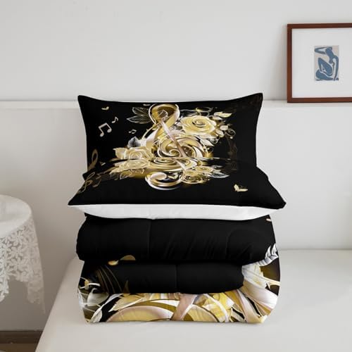 Feelyou Yellow Music Note Comforter Set King Size Couple Rose Floral Comforter for Girls Women Lover Valentine's Day Bedding Set Romantic Musical Duvet Set Room Decor
