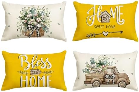AVOIN colorlife Bless Our Home Farmhouse Eucalyptus Leaves Throw Pillow Covers, 12 x 20 Inch Yellow Truck Home Sweet Cushion Case Decorations Set of 4
