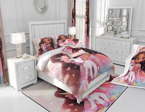 Manfei Princess Comforter Set - Twin Size Unicorn Down Comforter, Black Floral Unicorn Bedding Set for Kids Bedroom Decor, American Style Duvet Insert, 1 Pillowcase