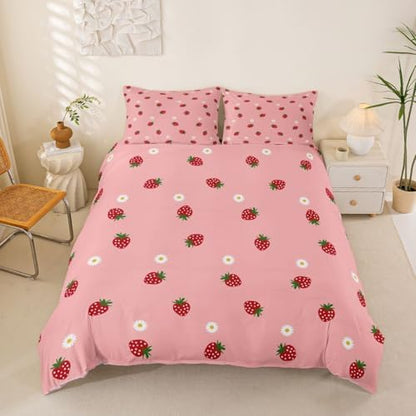 Strawberry Comforter Cover Set Tropical Fruit Bedding Set for Girls Kids Teen Cute Cartoon Fruits Pattern Duvet Cover Soft Microfiber Reversible Bedspread,1 Duvet Cover with 2 Pillowcases, Full