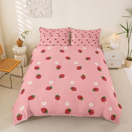 Strawberry Comforter Cover Set Tropical Fruit Bedding Set for Girls Kids Teen Cute Cartoon Fruits Pattern Duvet Cover Soft Microfiber Reversible Bedspread,1 Duvet Cover with 2 Pillowcases, Queen