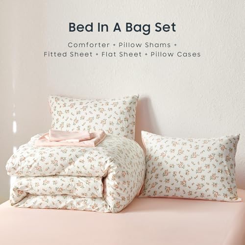 Wake In Cloud - Floral Comforter Set with Sheets, Coquette Cottagecore Aesthetic Flower Shabby Chic Pattern for Women Teen Girls, 7 Pieces Bed in a Bag, Peach Blush, Queen Size