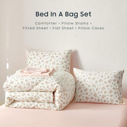 Wake In Cloud - Floral Comforter Set with Sheets, Coquette Cottagecore Aesthetic Flower Shabby Chic Pattern for Women Teen Girls, 7 Pieces Bed in a Bag, Peach Blush, Queen Size