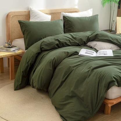 BESTOUCH Cotton Solid Duvet Cover Set Linen Feel Olive Green Oversized Full