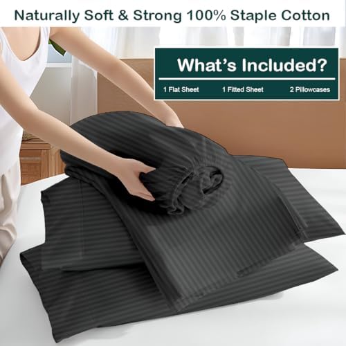 RV Short Queen Sheet Set 4 Piece - 100% Extra Long Staple Cotton, 400 Thread Count, Deep Pockets 15 to 18 Inches, Dark Grey Stripe, Hotel-Quality Bedding, Soft & Breathable Bedding for RV Bed