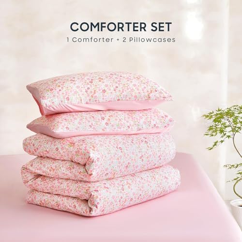 Wake In Cloud - Floral Comforter Set, Cute Vintage Flower Cottagecore Aesthetic for Women Teen Girls, Soft Lightweight Dorm Bedding, 3 Pieces, Pink, Twin/Twin XL Size