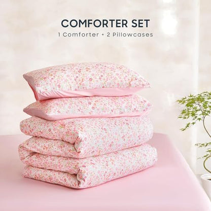 Wake In Cloud - Floral Comforter Set, Cute Vintage Flower Cottagecore Aesthetic for Women Teen Girls, Soft Lightweight Dorm Bedding, 3 Pieces, Pink, Twin/Twin XL Size