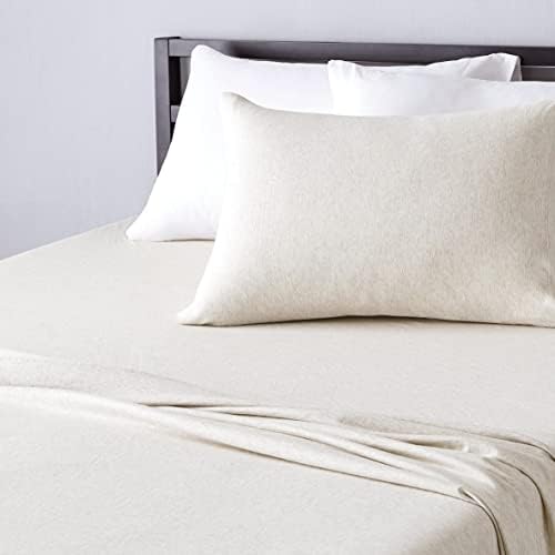Amazon Basics 3 Piece Breathable, Stretchy 100% Cotton Jersey Knit Bed Sheet Set, Includes Flat and Fitted Sheets, Pillowcase, Light Weight, Machine Washable, Twin, Oatmeal, Solid