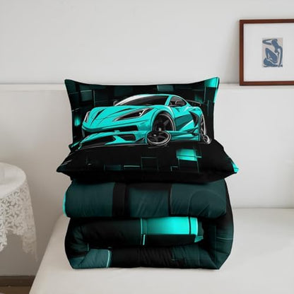 Erosebridal Kids Racing Car Comforter Set Twin Blue Sports Car Bedding Set for Boys 3D Geometric Blocks Down Comforter Speed Race Car Quilt Black Blue Squares Duvet Insert 2Pcs Bedding Decor