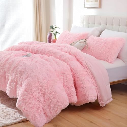 Smoofy Fluffy Twin Comforter Set, Faux Fur Pink Comforter Set 2 Pieces