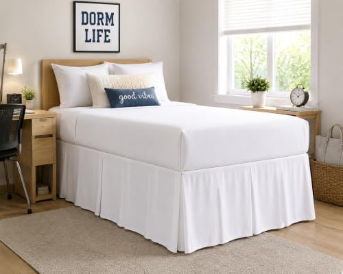 College Dorm Bed Skirt Pleated Luxury Microfiber Twin XL (39x80) with Split Corners 30" Long Drop, Hotel-Quality 1800 Ultra-Soft Dust Ruffle White