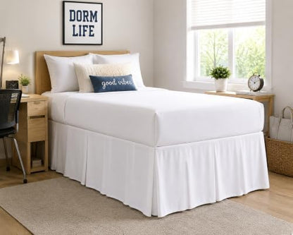 College Dorm Bed Skirt Pleated Luxury Microfiber Twin XL (39x80) with Split Corners 30" Long Drop, Hotel-Quality 1800 Ultra-Soft Dust Ruffle White