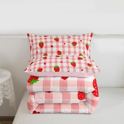 Kawaii Strawberry Comforter Set - Full Size Pink Bedding for Girls - 3 Pcs: Comforter, Duvet Insert, Striped Quilt