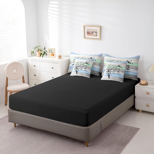 Erosebridal Happy Camping 7 Piece Bedding Set King,Camper Theme Comforter Set Bed in a Bag,Farmhouse Old Barn Door Sheet Set,Rustic Navy Blue Green Bedding,Arrow Camper Adventure Quilt