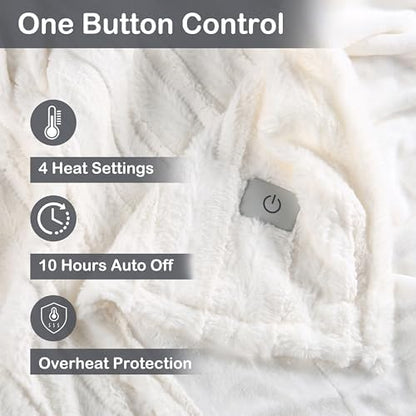 Eydna Electric Heated Blanket Throw Size 50"x60", Fast Heating Throw, Plush Faux Fur for Sofa & Office,4 Heating Levels & 10 Hours Auto Off, Machine Washable, Gifts for Womens-Striped White