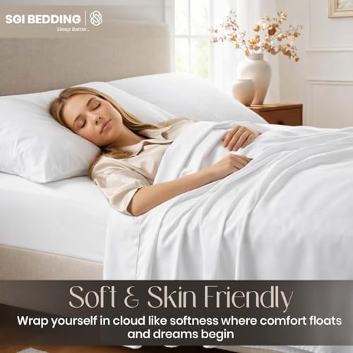 SGI bedding 100% Egyptian Cotton Sheets RV King Size – Cooling Sheets, Soft Breathable White Bedding, Luxury Bedding, Luxury Hotel Sheet Set, Deep Pocket 18", 4 Piece Set