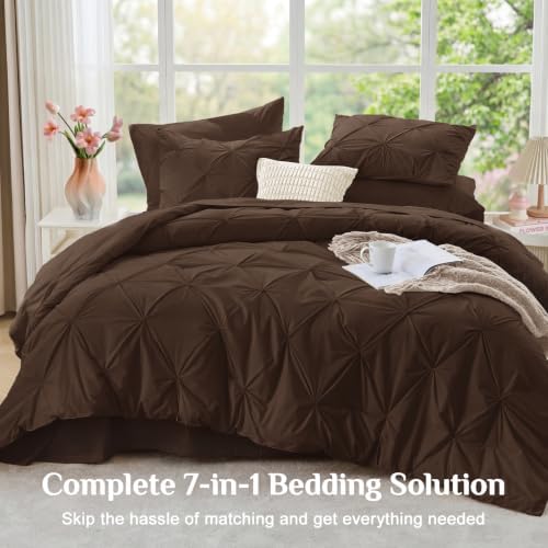 JOLLYVOGUE Queen Comforter Set 7 Pieces - Bed in a Bag Queen for All Season, Pintuck Bedding Comforter Sets with Comforter, Flat Sheet, Fitted Sheet and Pillowcases & Shams, Dark Brown