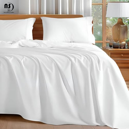 NON Sticky cotton Twin 4 Piece Sheet Set, 100% Long Staple Cotton, Soft Cooling Hotel Luxury Bedding Sheets, Deep Pocket Fits 10" to 18" Mattress, 39" x 75", White Solid