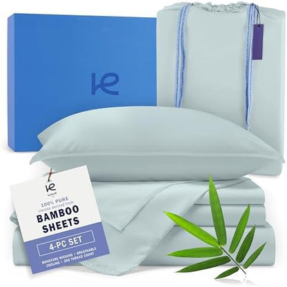 Kickoff Viscose Bamboo Sheets Queen Size 4-pc 100% Organic Bamboo Viscose Bed Cooling Sheets Queen Size Set Cool Bedding for hot Sleepers Sheet Set - Gift Ready Packaging (Coastal Blue, Q)