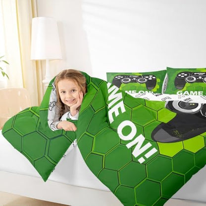 Boys Gamepad Reversible Twin Size Comforter Set,Kids Gamer Video Game Decor All Season Bedding Set,Teens Geometric Comforter,Children Green Hexagon Decor Quilt Set Bedroom Collection 2Pcs