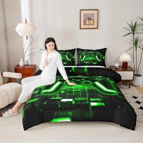 Erosebridal Gaming Comforter Set Gamer Girl Toddler Bedding Set, Neon Lights Retro Game Console Comforter Green Brick Cube Quilt,Game Room Decor