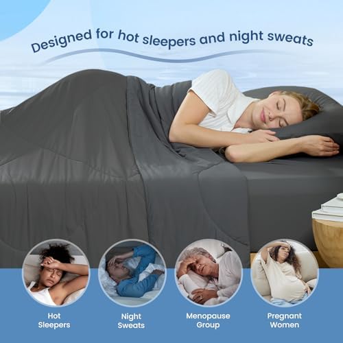 Cozy Bliss Cooling Comforter Queen Size, Cooling Blankets for Hot Sleepers and Night Sweats, Charcoal Gray Summer Comforter for Queen Size Bed, Breathable Soft Lightweight Silk Smooth
