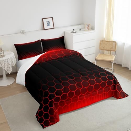Feelyou Red Black Ombre Comforter Set Twin, Honeycomb Bedding Set for Kids Abstract Hexagonal Comforter Ombre Duvet with 1 Pillow Case