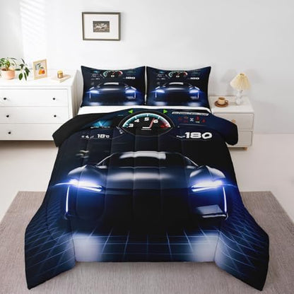 Erosebridal Teens Race Car Comforter Set Full Size, Kids Cool Speed Racing Car Quilt Set, Extreme Sport Bedding Set for Boys Youth Adult Bedroom, Black Automobile Quilted Duvet for Bedroom