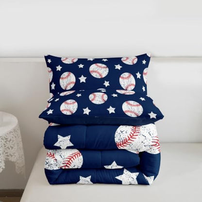 Castle Fairy Baseball Comforter Set Full,Vintage White Graffiti Star Bedding Set 3pcs for Kids Boys Teens Room Decor,Ball Sports Games Duvet Insert Navy Blue Quilted Duvet with 2 Pillowcases
