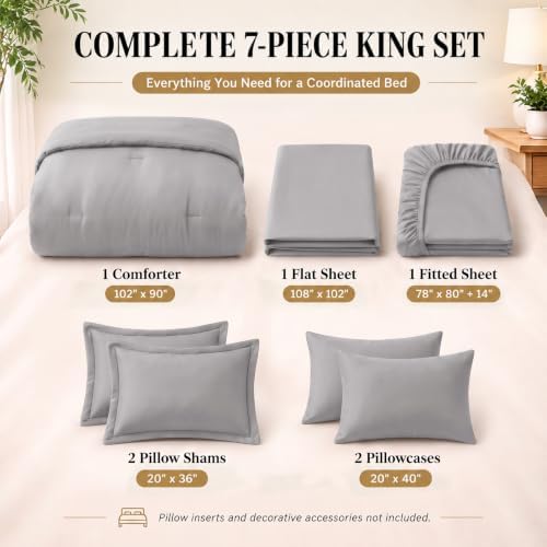 CozyLux King Size Comforter Set French Grey, 7 Pieces Bed in a Bag King Comforter Set with Sheets, Bedding Sets with Down Alternative Comforter, Sheets, Pillowcases & Shams, Soft All Seasons Bed Set