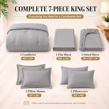 CozyLux King Size Comforter Set French Grey, 7 Pieces Bed in a Bag King Comforter Set with Sheets, Bedding Sets with Down Alternative Comforter, Sheets, Pillowcases & Shams, Soft All Seasons Bed Set