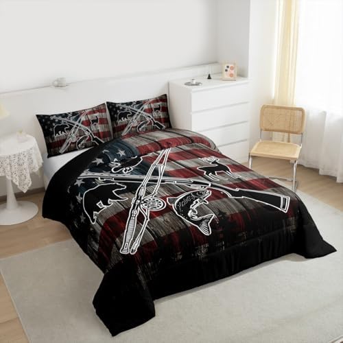 Homewish Retro American Flag Comforter Set King Size,Hunting and Fishing Bedding Set,Duck Deer Bear Bass Fish Wild Animals Theme Quilt Set for Kids Boys Men Teens Room Decor,Rustic Duvet Insert 3Pcs