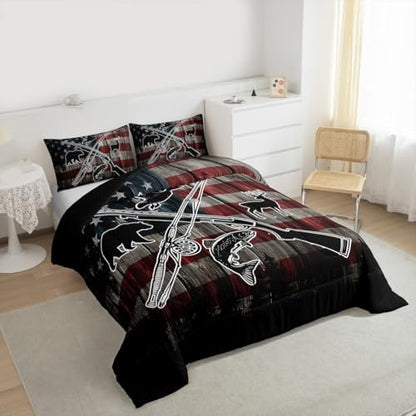 Homewish Retro American Flag Comforter Set King Size,Hunting and Fishing Bedding Set,Duck Deer Bear Bass Fish Wild Animals Theme Quilt Set for Kids Boys Men Teens Room Decor,Rustic Duvet Insert 3Pcs