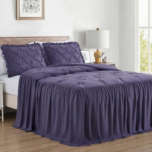Chezmoi Collection Aria 3-Piece Pintuck Ruffle Skirt Bedspread Set - Lightweight Pinch Pleat Crinkled Texture Microfiber Bedding - French Country Chic Farmhouse - Full, Dusty Purple