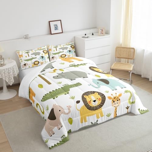 Feelyou Wild Animals Comforter Set Safari Animals Print Comforter for Boys Girls Toddler Cute Hippo Crocodile Lion Bedding Set Kids Cartoon Elephant Giraffe Duvet Set Room Decor Quilt Set Toddler Size