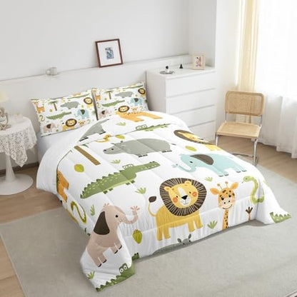 Feelyou Wild Animals Comforter Set Safari Animals Print Comforter for Boys Girls Toddler Cute Hippo Crocodile Lion Bedding Set Kids Cartoon Elephant Giraffe Duvet Set Room Decor Quilt Set Toddler Size