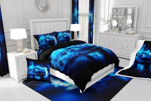 Boys Sports Car Comforter,Cool Blue Race Car Bedding Set Twin Size for Kids Boys Girls Teens,3D Foggy Racing Cars Bedding Comforter Sets,Extreme Sports Theme Quilt Racing Games Race Cars Room Decor