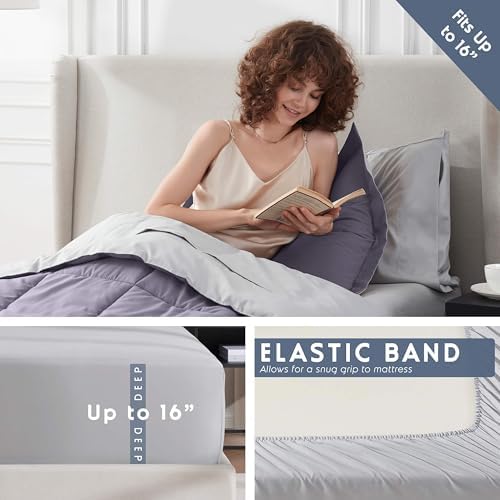 Nestl 7 Piece Twin XL Comforter Set – Grayish Purple Reversible Bed in a Bag – Complete Twin XL Size Bedding Set with Sheets, Set of 2 Down Alternative Pillows, Pillowcase and Sham