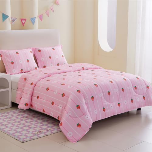 Yibeizi Pink Strawberry Comforter Set for Girls Full Bow Striped Bedding