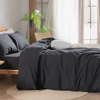 BESTOUCH Cotton Solid Duvet Cover Set Linen Feel Deep Black Super King Plus